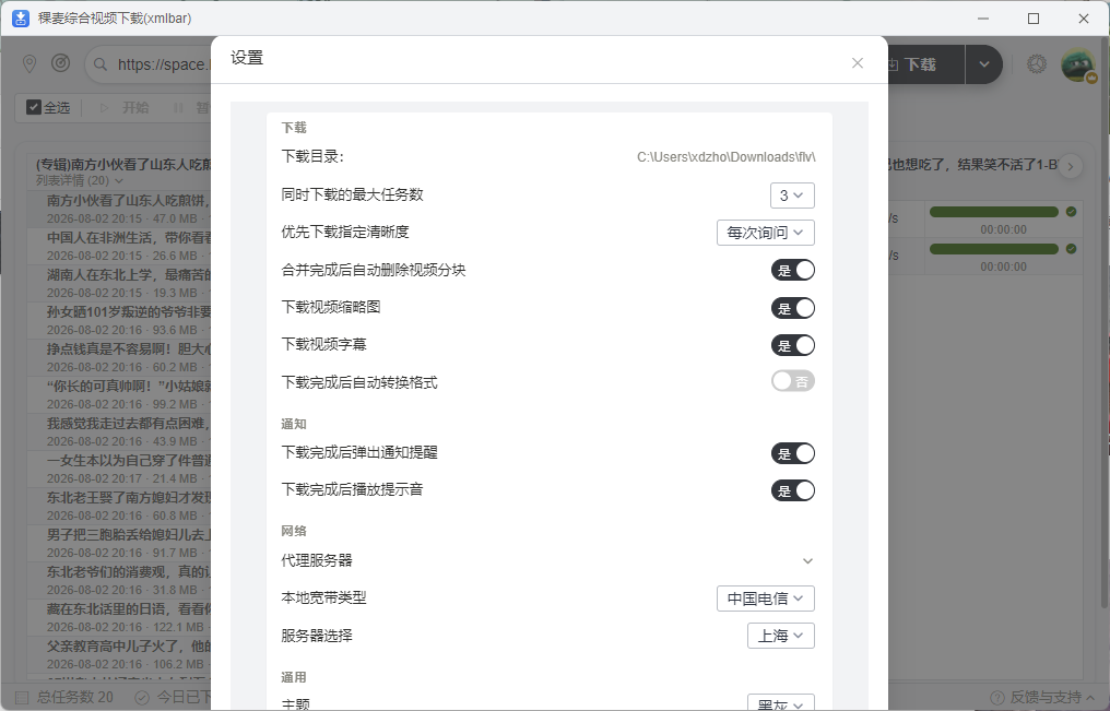 设置页：下载目录、主题、语言、清晰度等选项集中管理